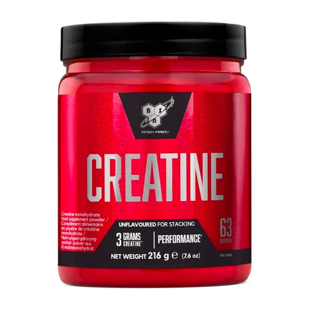 BSN DNA Creatine 216 g kreatin i pulverform, förpackad i en röd burk med svart lock.