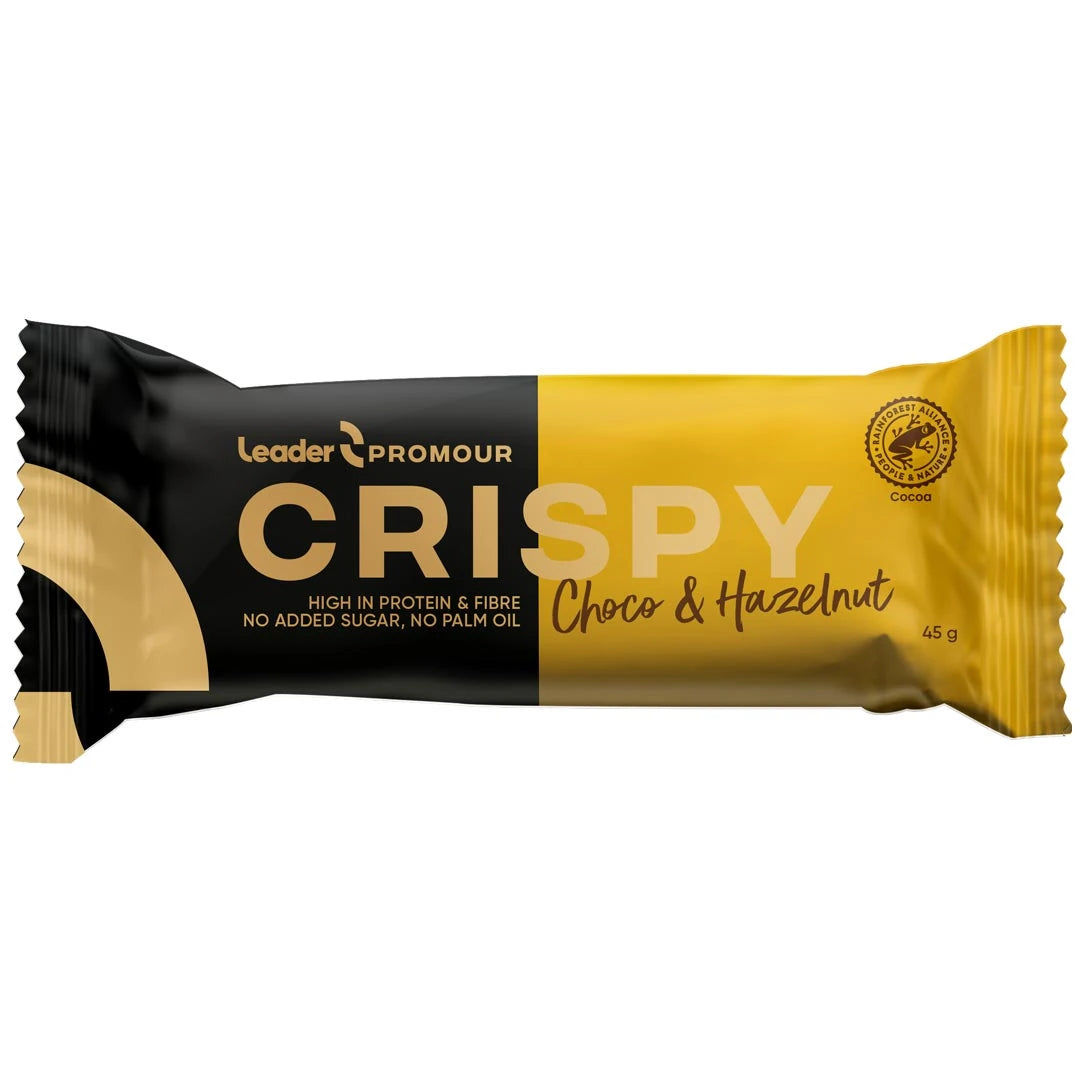 Leader Promour Crispy 45 g proteinbar i en svart och gul förpackning för smaken Choco & Hazelnut.