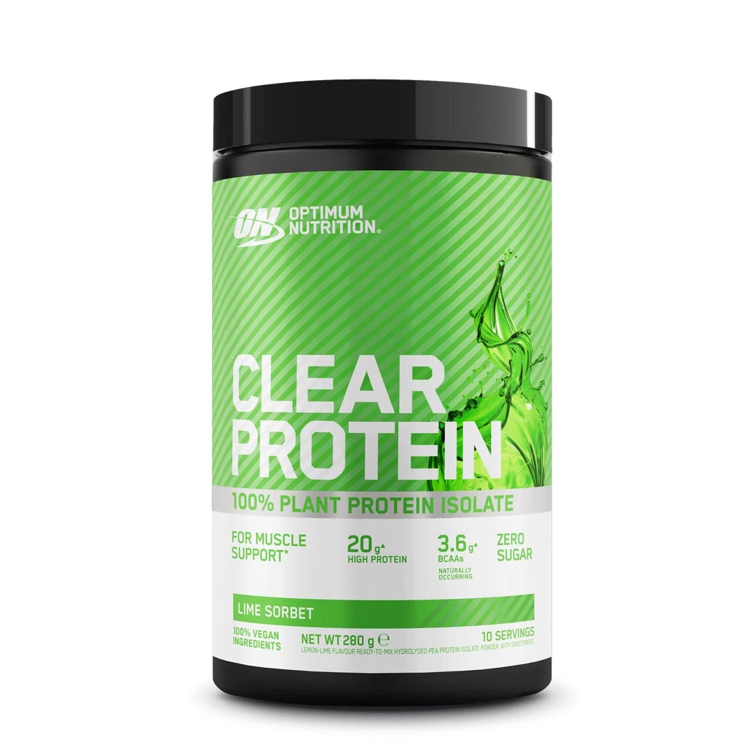 Optimum Nutrition Clear Protein 100% Plant Protein Isolate 280 g i en svart burk med grön etikett för smaken Lime Sorbet.
