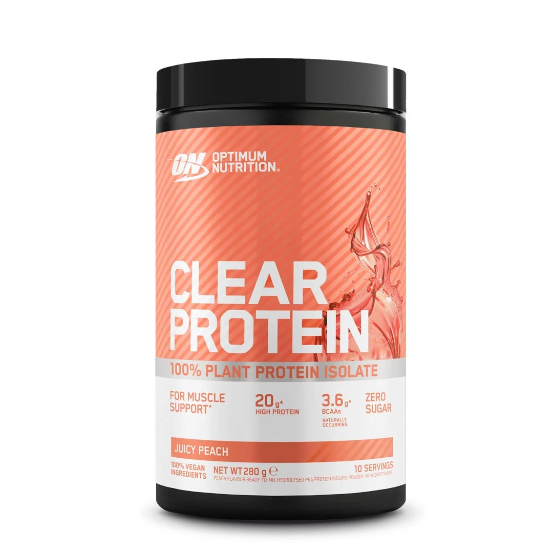 Optimum Nutrition Clear Protein 100% Plant Protein Isolate 280 g i en svart burk med persikofärgad etikett, smak Juicy Peach.