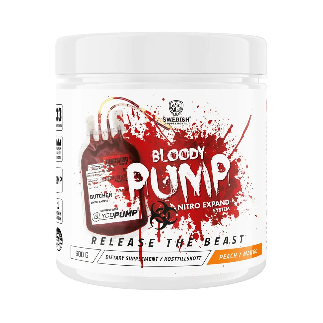 Swedish Supplements Bloody Pump 300 g pre-workout pulver i en vit burk med röd grafik och smak av Peach Mango.