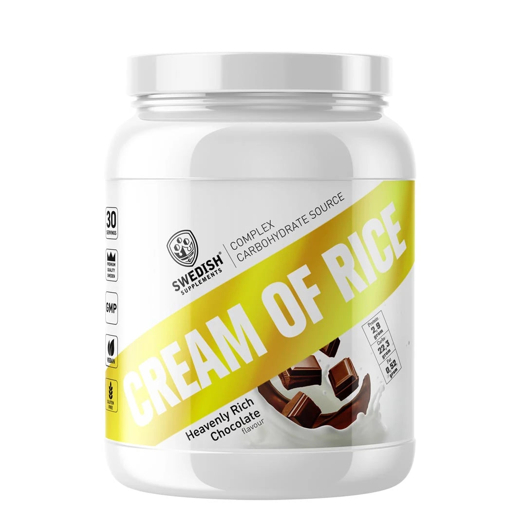 Swedish Supplements Cream of Rice 1 kg kolhydratspulver i vit burk med gul etikett och smak av Heavenly Rich Chocolate.