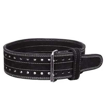 C.P. Sports Powerlifting Belt Black, ett svart styrkelyftsbälte i läder med vita sömmar och dubbelspänne i metall.