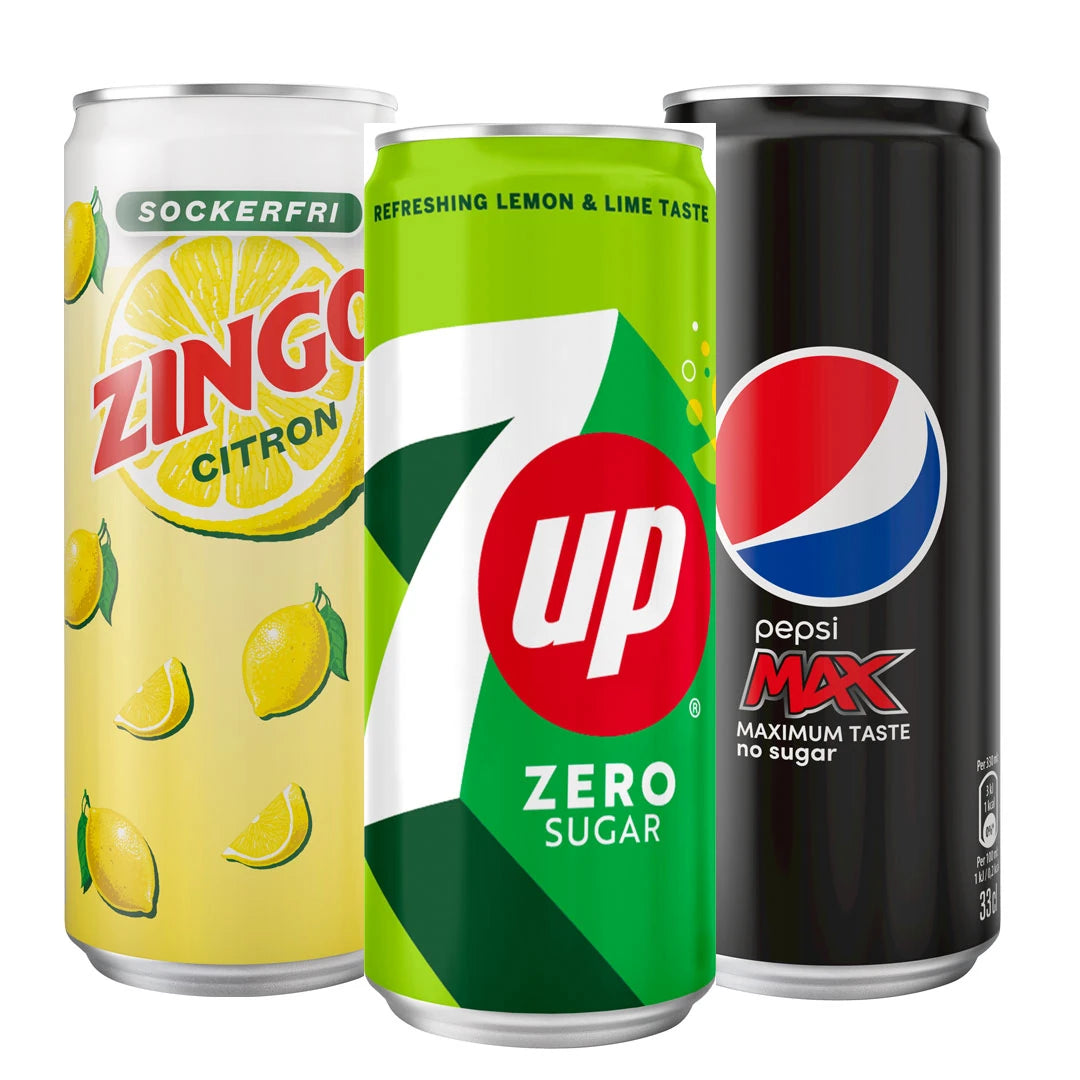 Tre burkar sockerfri läsk, Zingo Citron, 7UP Zero Sugar och Pepsi MAX 330 ml.