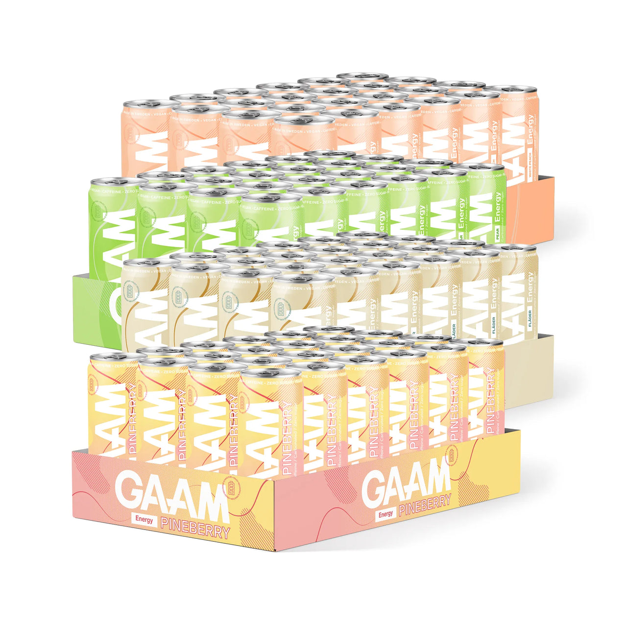 96 x GAAM Energy 330 ml Mixflak bestående av fyra staplade flak med färgglada burkar i olika smaker.