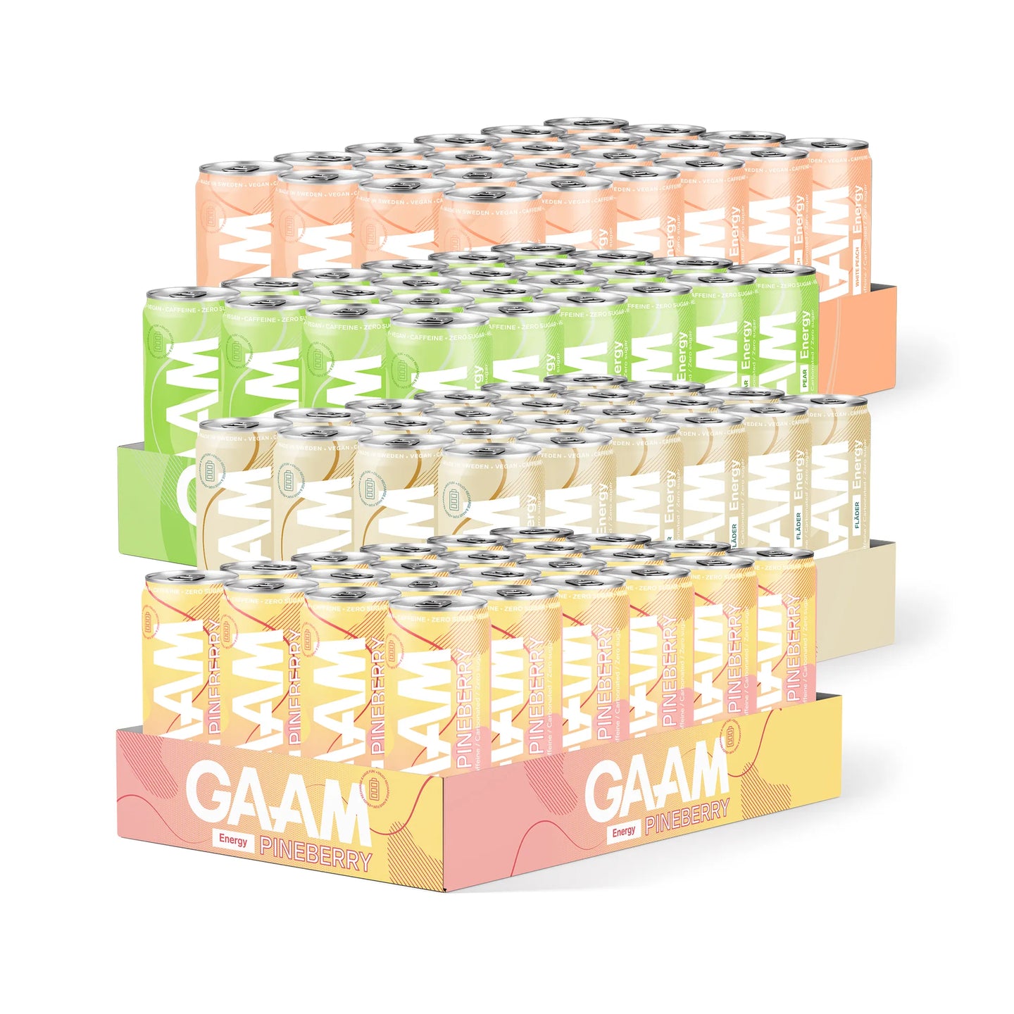 96 x GAAM Energy 330 ml Mixflak bestående av fyra staplade flak med färgglada burkar i olika smaker.