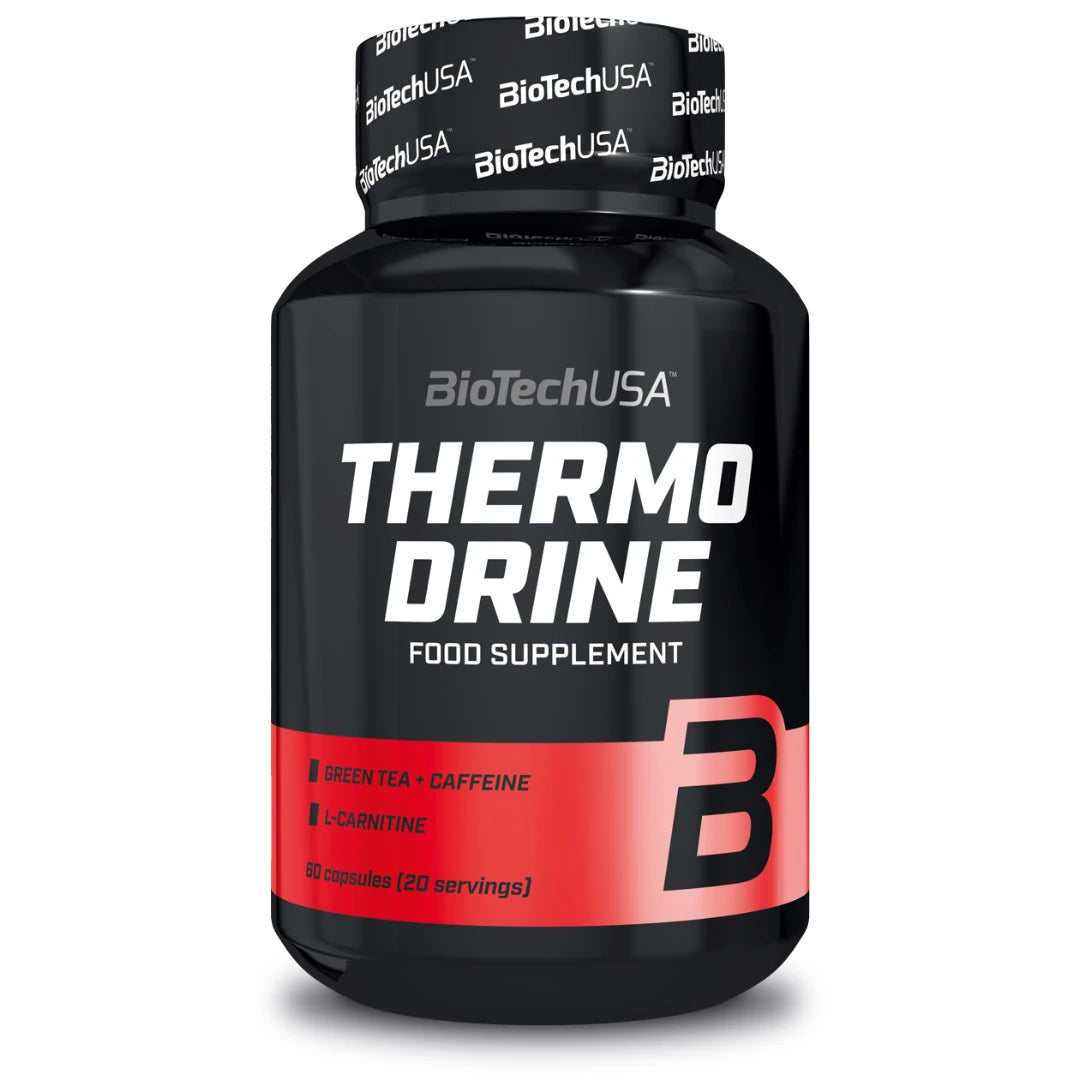 BioTechUSA Thermo Drine 60 caps kosttillskott för fettförbränning, svart burk med vita bokstäver och röda detaljer.