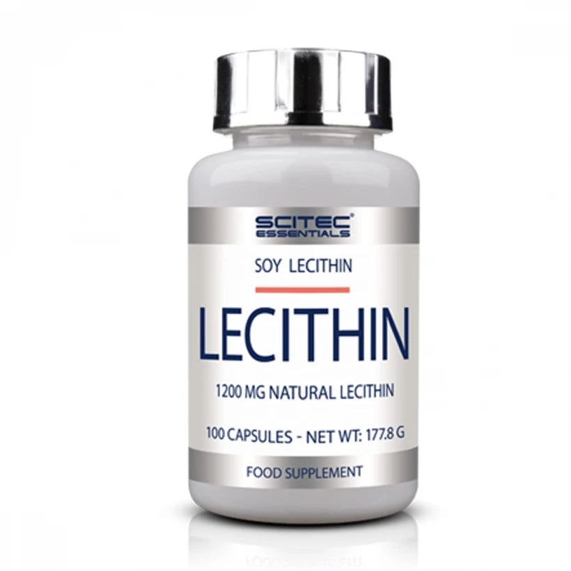Scitec Nutrition Lecithin 100 caps i en vit burk med silverfärgat lock och tydlig blå text.
