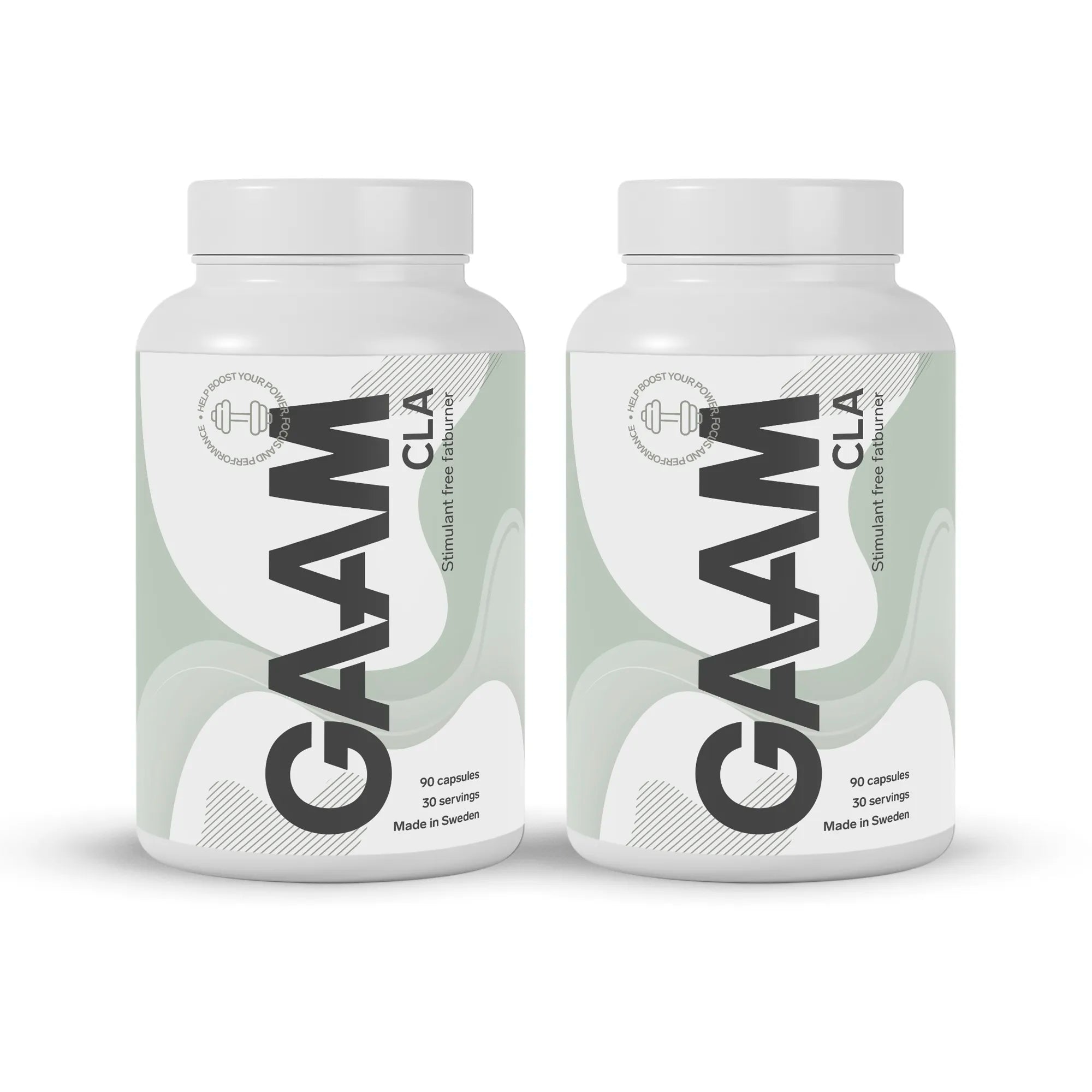 2 x GAAM CLA 90 caps i två vita burkar med svarta och ljusgröna detaljer.