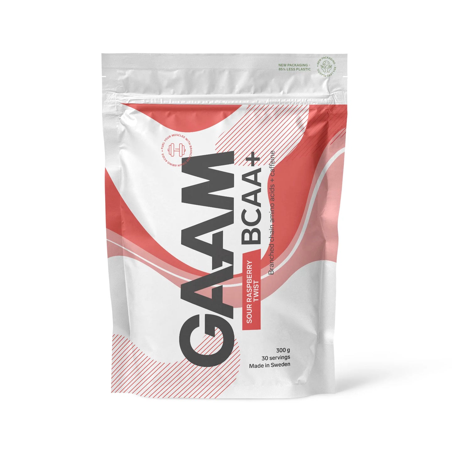 GAAM BCAA + Caffeine 300 g aminosyrapulver i en vit påse med rosa och röda detaljer för smaken Sour Raspberry Twist.