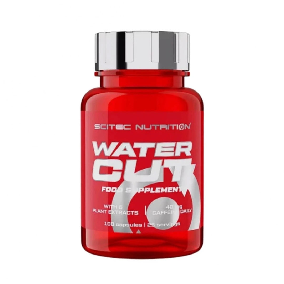 Scitec Nutrition Water Cut 100 caps vätskedrivande kosttillskott i en röd burk med silverlock.