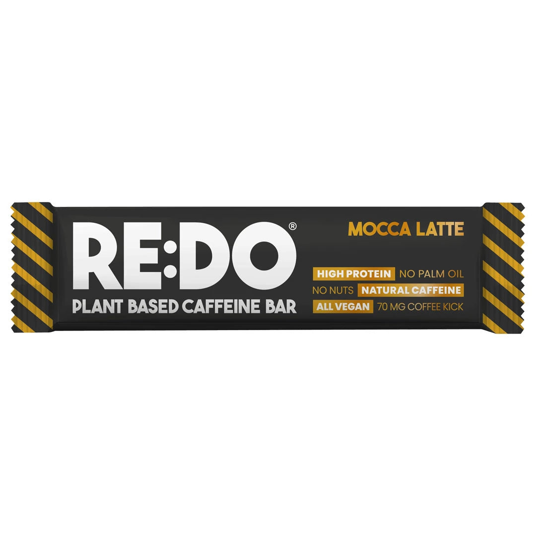 REDO Koffein Bar 60 g i en svart förpackning med gula detaljer och smaken Mocca Latte.
