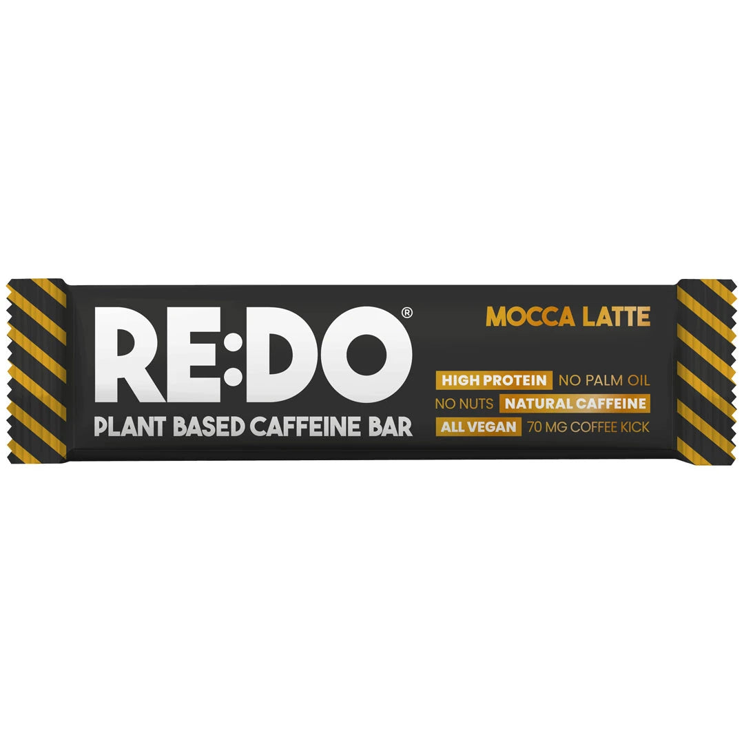 REDO Koffein Bar 60 g vegansk proteinbar i svart förpackning med gula detaljer och text för smaken Mocca Latte.