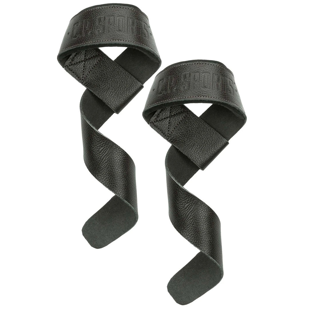 C.P. Sports Padded Leather Lifting Straps Brown, ett par vadderade bruna dragremmar i slitstarkt läder med logotyp för tunga lyft.