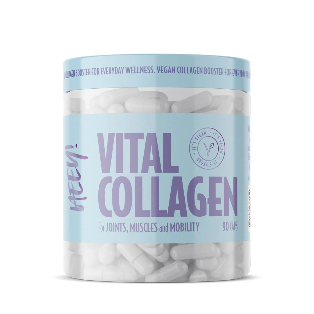 Heey! Vital Collagen + Mineraler 90 kapslar i en genomskinlig burk med ljusblå etikett och lila text.
