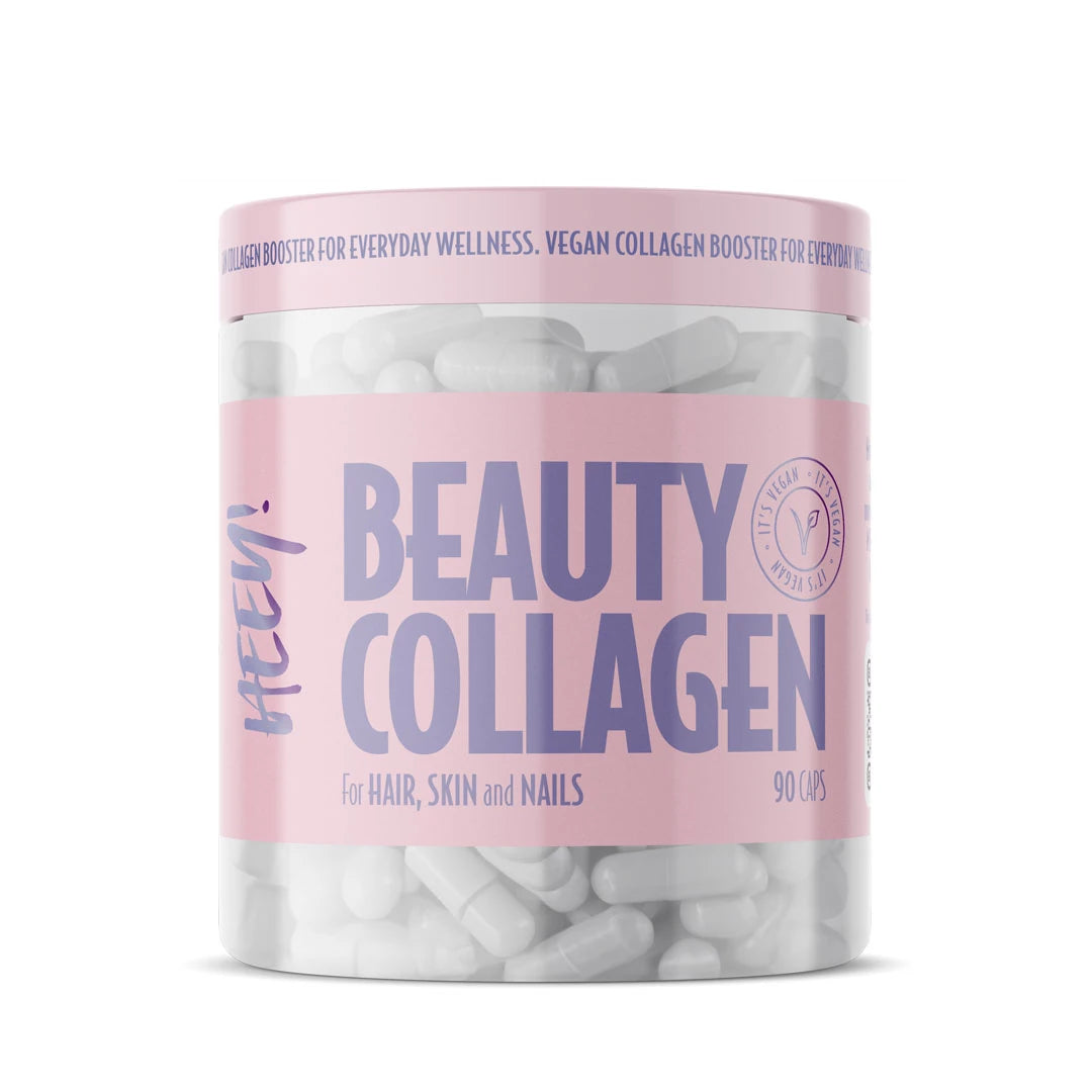 Heey! Beauty Collagen + Hyaluronsyra 90 caps i en genomskinlig burk med rosa etikett och vita veganska kapslar.