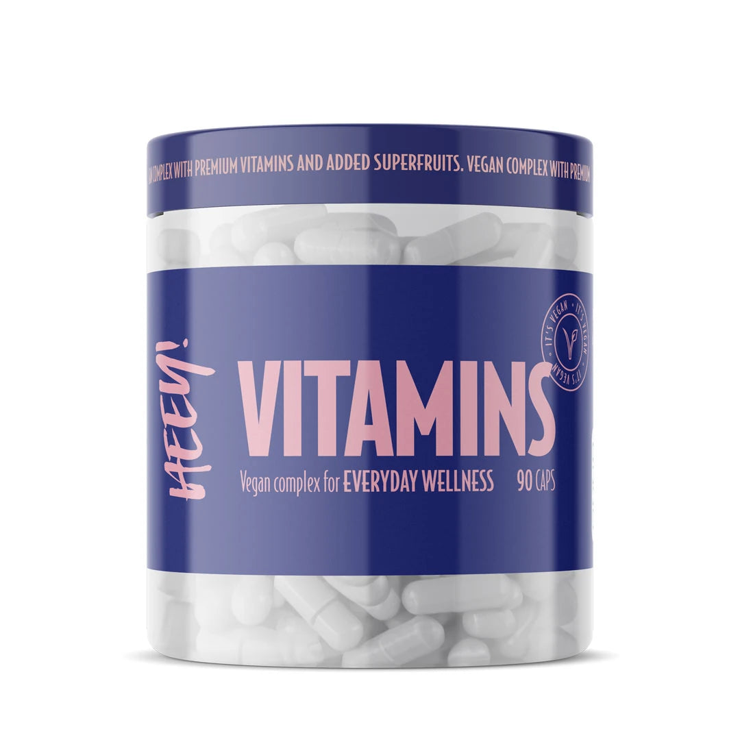 Heey! Multivitamin + Superfruits 90 caps i en transparent burk med blå etikett och vita kapslar.