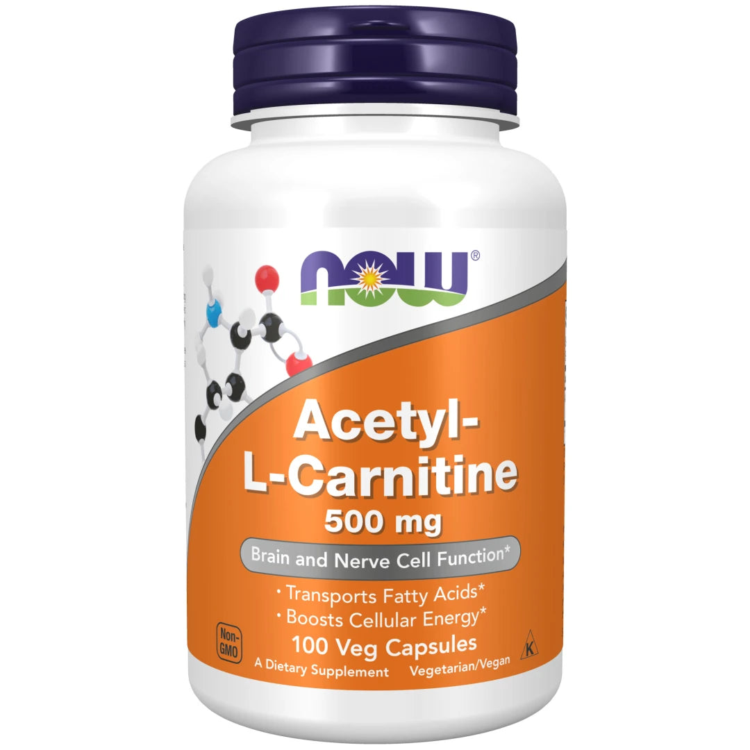 NOW Acetyl-L-Carnitine 500 mg 100 caps aminosyra i en vit burk med orange etikett och mörkblått lock.