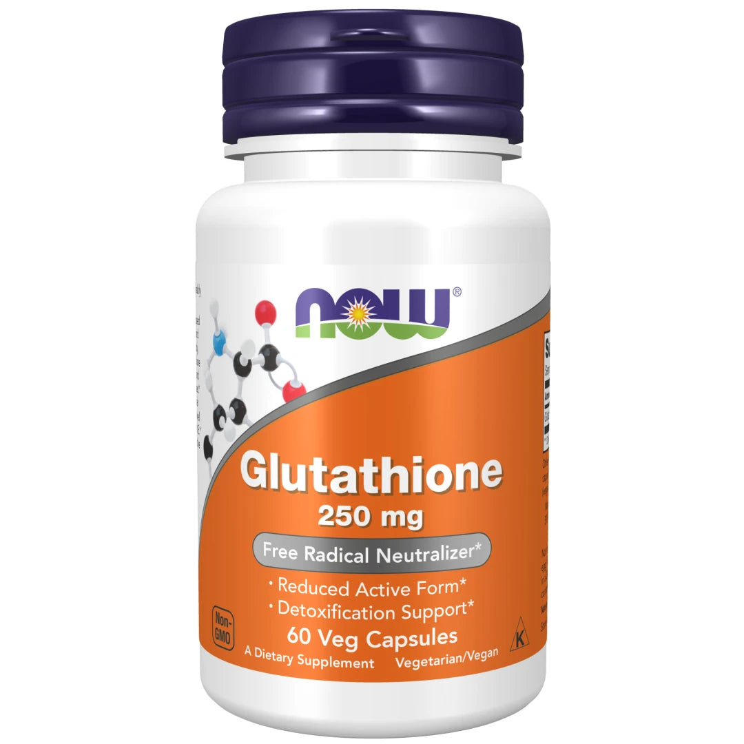NOW Glutathione 250 mg 60 caps i en vit burk med lila lock och orange etikett.
