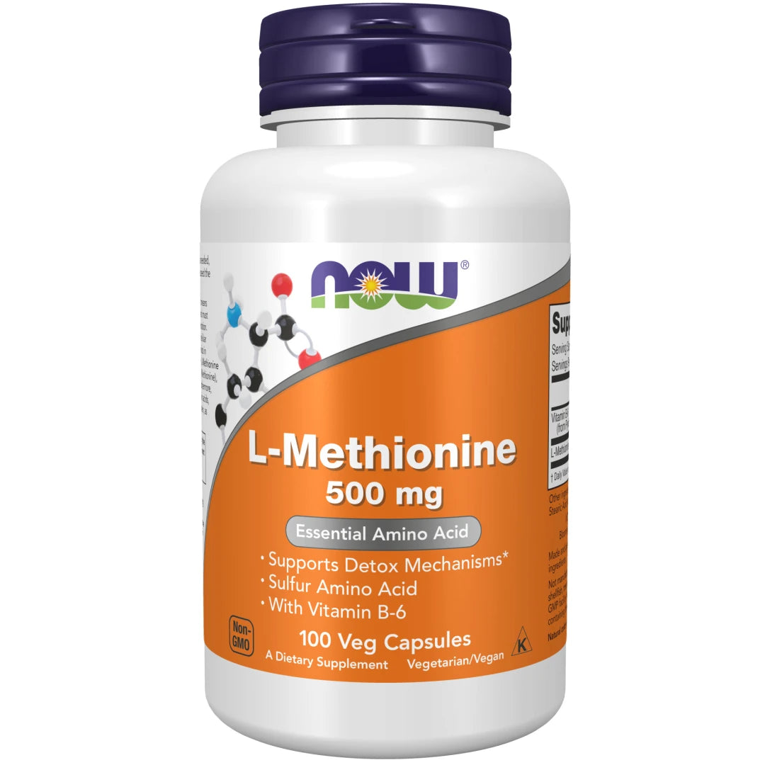 NOW L-Methionine 500 mg 100 caps, ett veganskt kosttillskott i vit burk med mörkblått lock och orange etikett.