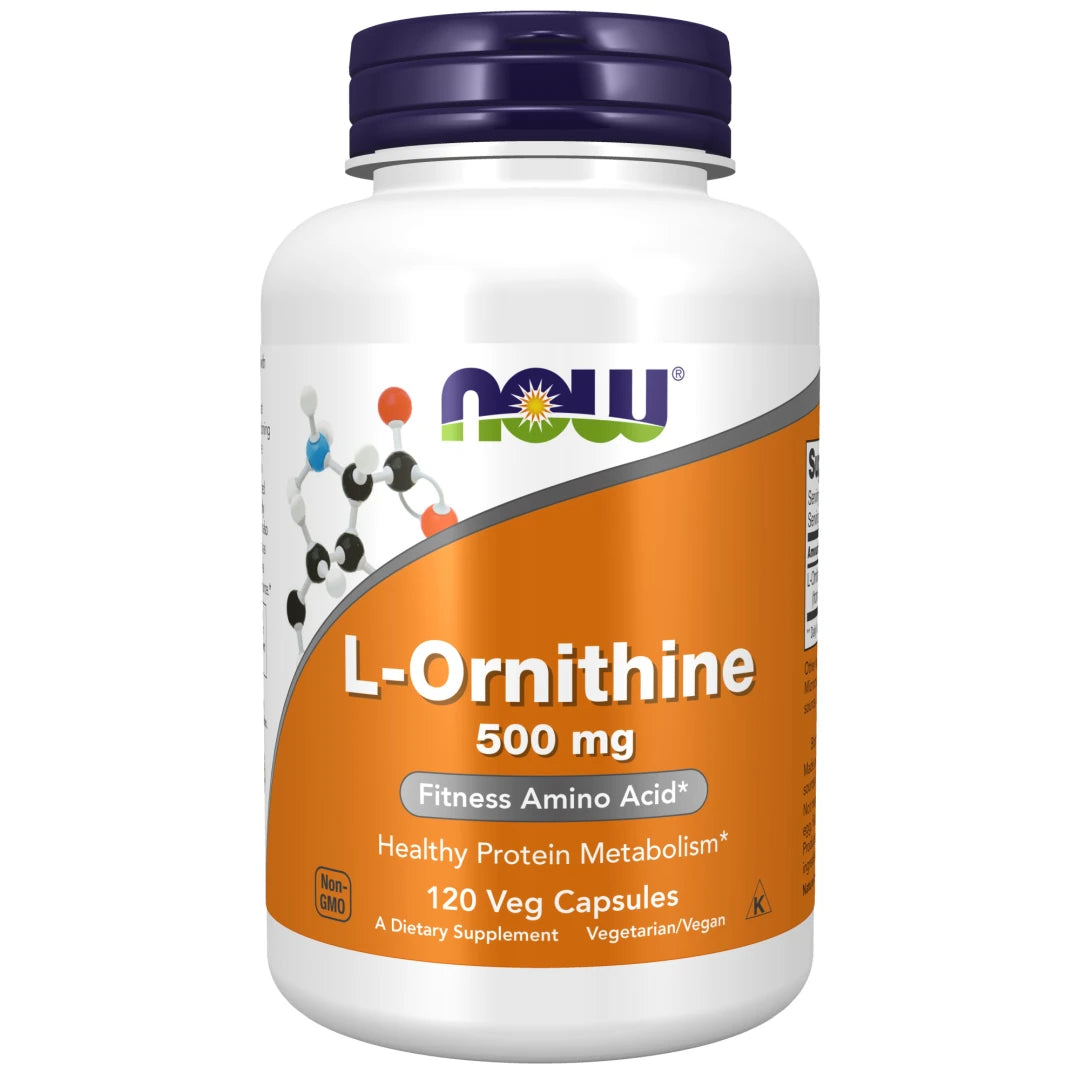 NOW L-Ornithine 500 mg 120 caps i en vit burk med orange etikett och ett mörklila lock.