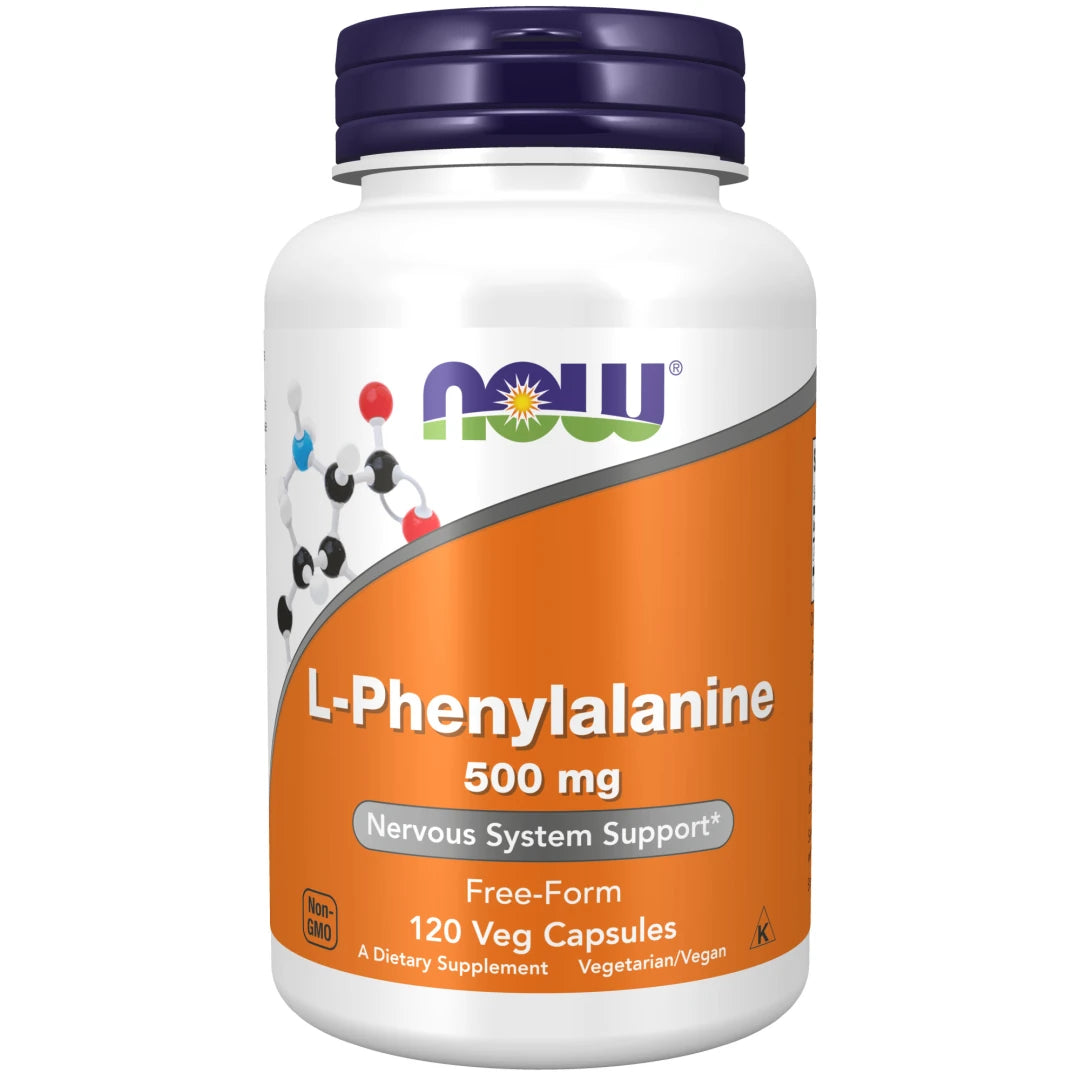 NOW L-Phenylalanine 500 mg 120 caps kosttillskott i en vit burk med orange etikett och mörkblått lock.
