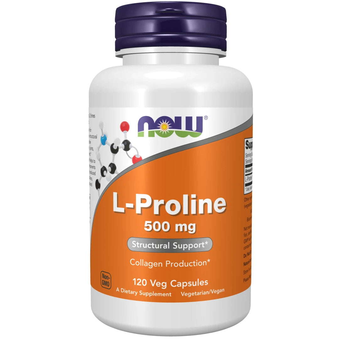 NOW L-Proline 500 mg 120 caps kosttillskott i en vit burk med orange etikett och lila lock.