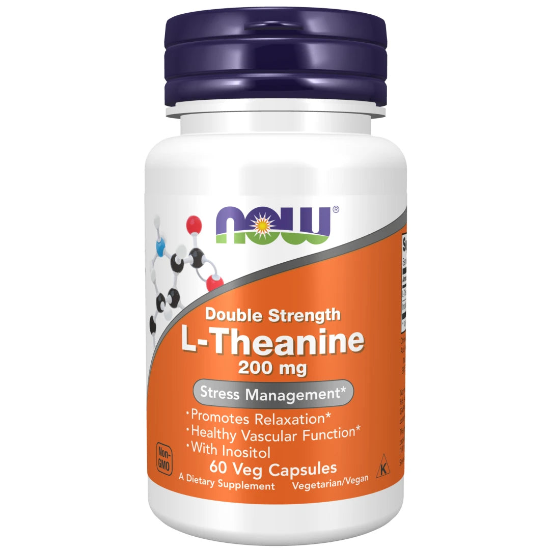 NOW L-Theanine 200 mg 60 caps i en vit burk med lila lock och orange etikett.