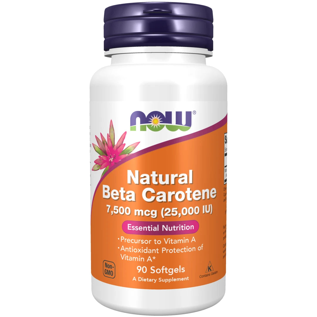 NOW Natural Beta Carotene 7500 mcg 90 caps kosttillskott i en vit plastburk med orange etikett och lila lock.