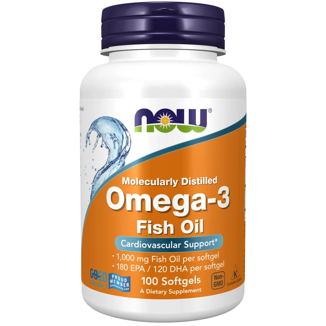 NOW Omega-3 100 caps i en vit plastburk med mörkblått lock och en distinkt orange etikett.