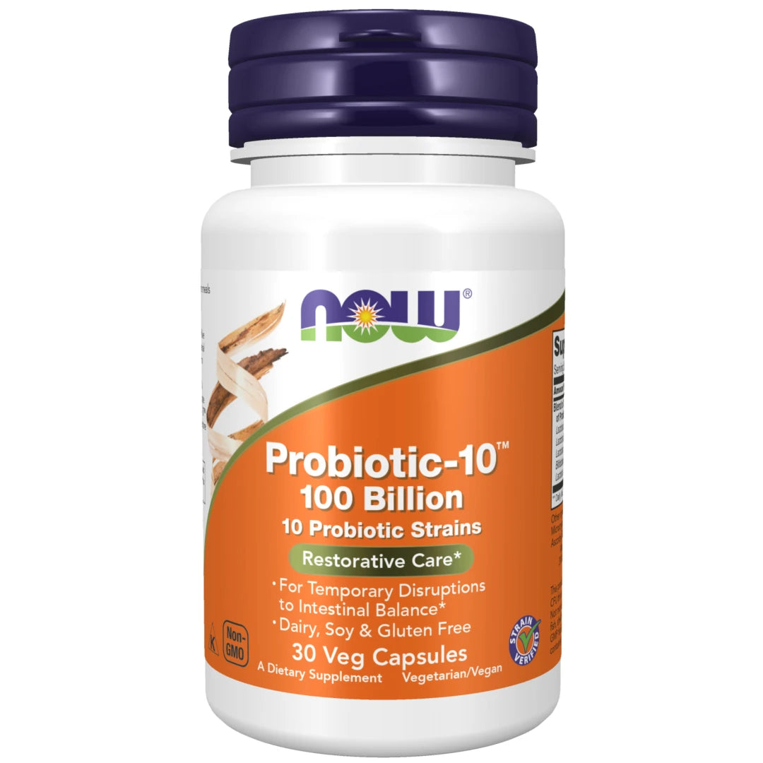 NOW Probiotic-10 100 billion 30 caps kosttillskott i en vit plastburk med mörkblått lock och orange etikett.