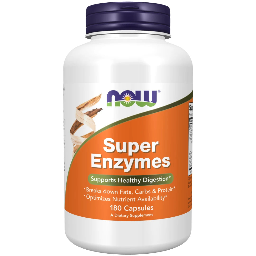 NOW Super Enzymes 180 caps i en vit burk med orange etikett och mörkblått lock.