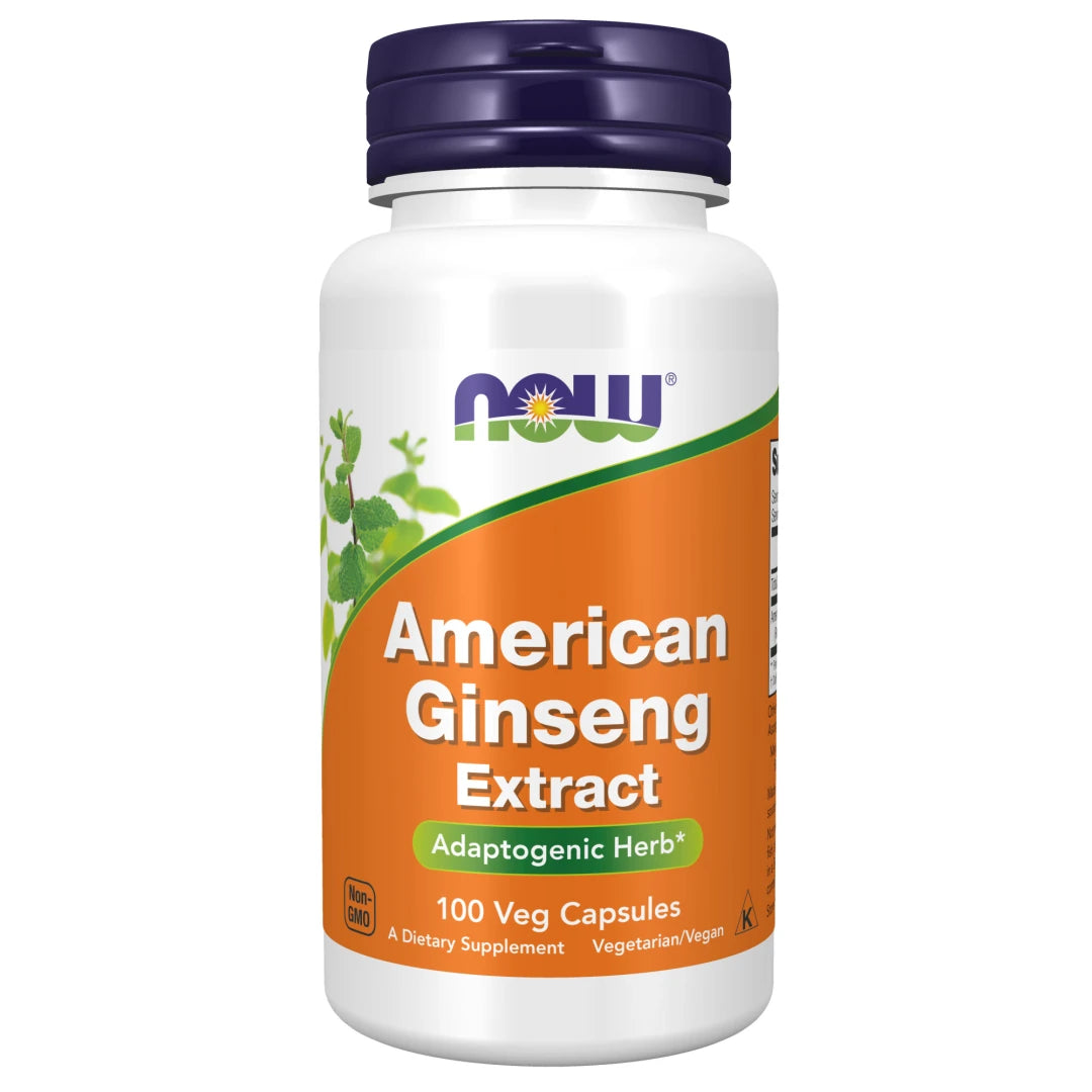 NOW American Ginseng 100 caps i en vit burk med lila lock och orange etikett.