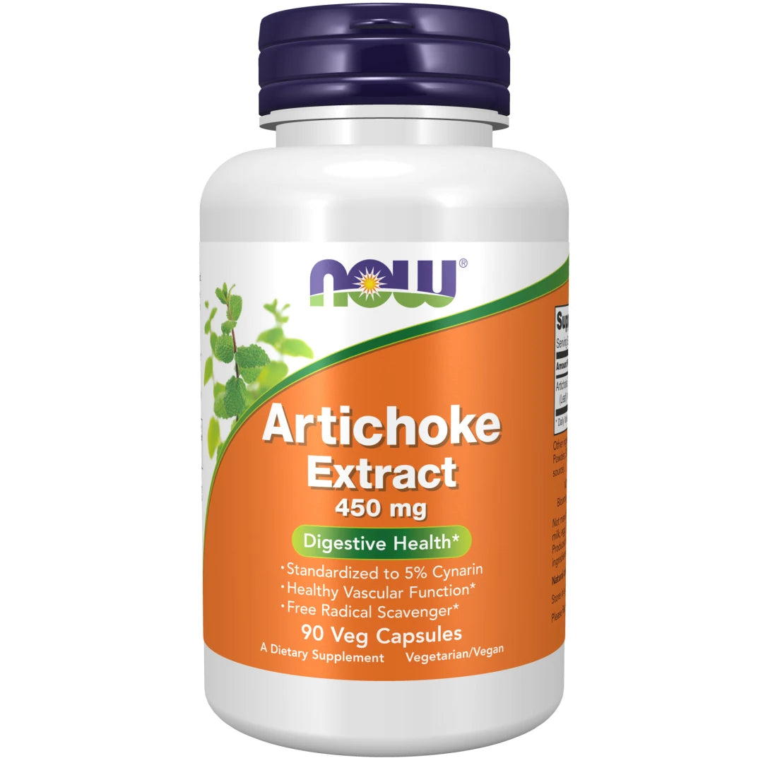 NOW Artichoke Extract 450 mg 90 caps kosttillskott i en vit burk med mörkblått lock och orange etikett.