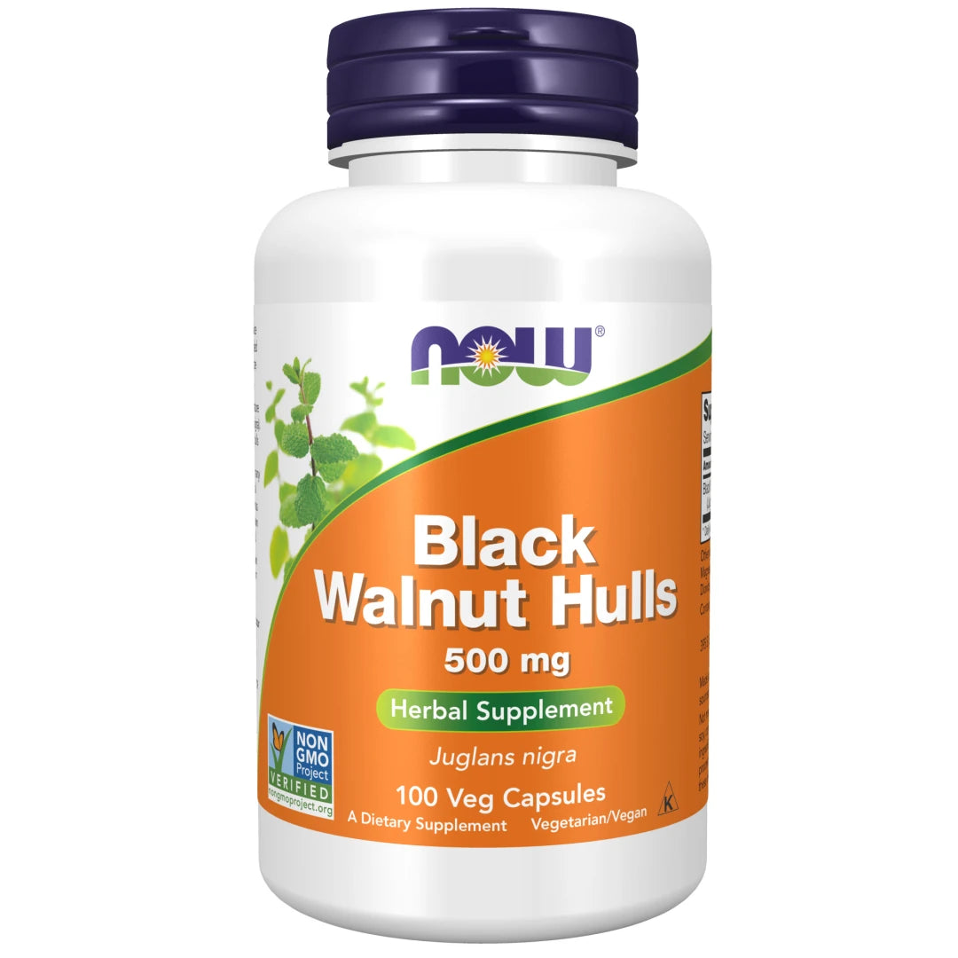 NOW Black Walnut Hulls 500 mg 100 caps förpackad i en vit burk med orange etikett och mörklila lock.