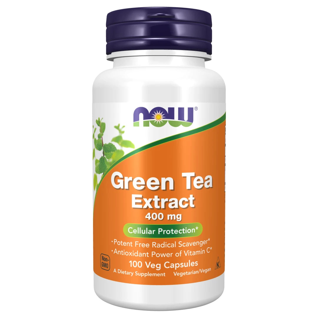 NOW Green Tea Extract 400 mg 100 caps kosttillskott i en vit burk med orange etikett och mörklila lock.