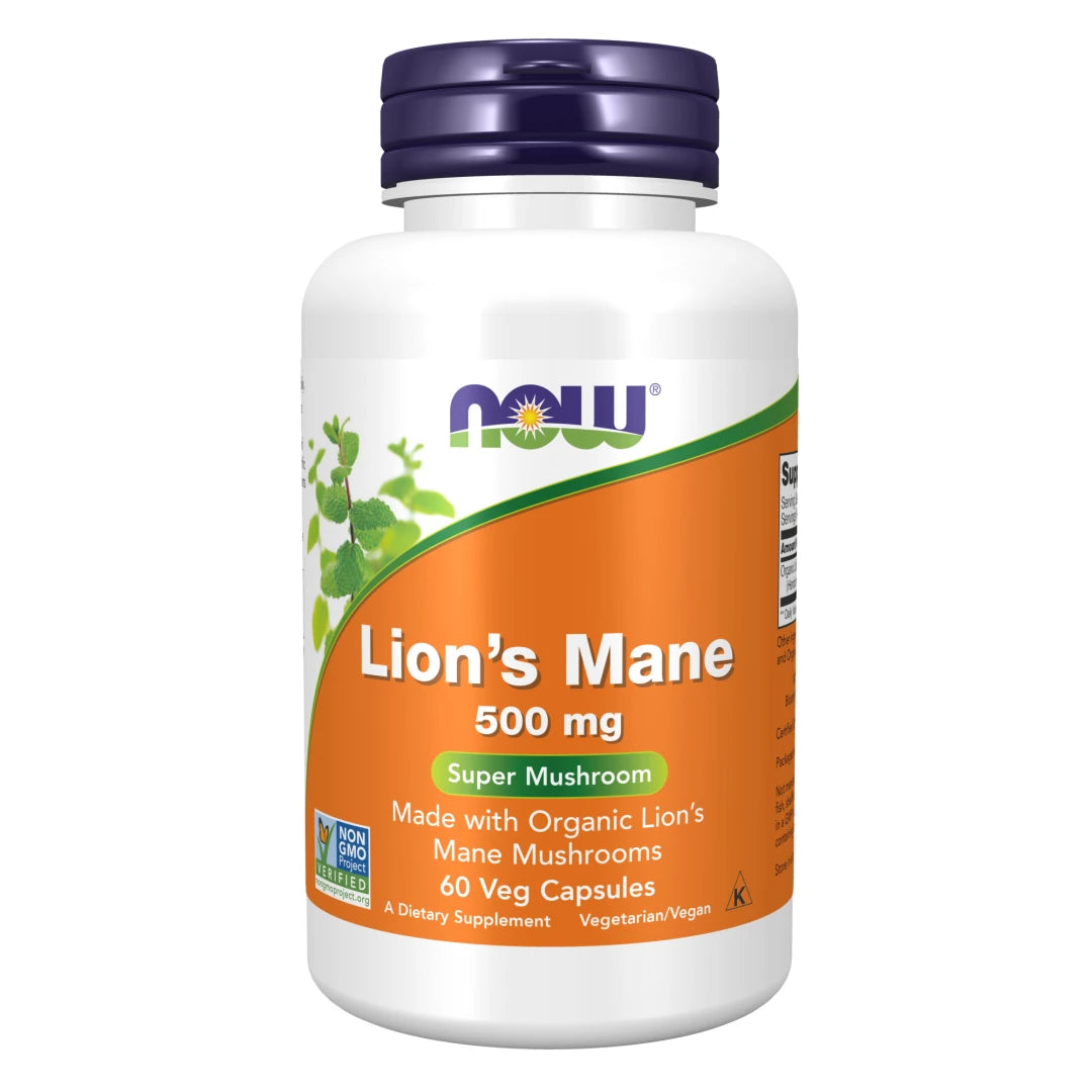NOW Lions Mane 500 mg 60 caps i en vit burk med orange etikett och ett mörklila lock.