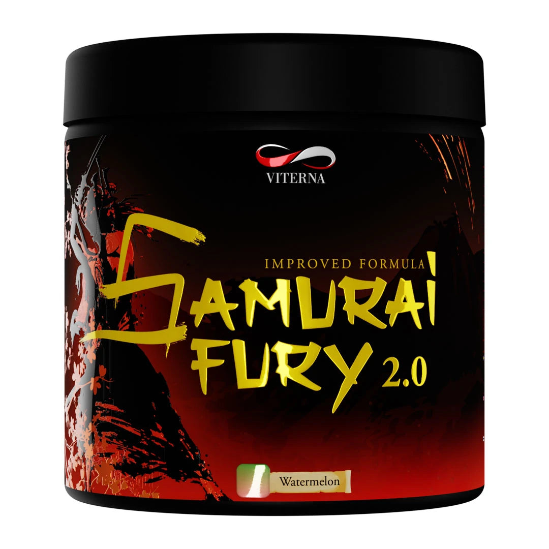 Viterna Samurai Fury 2.0 375 g pre-workout i en svart burk med mörkröd design och smaken Watermelon.