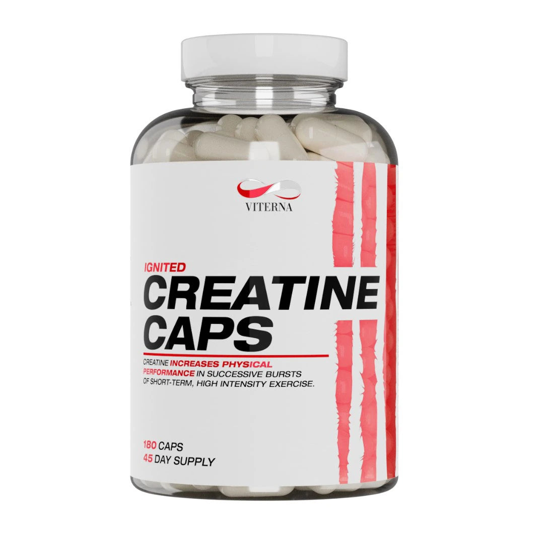 Viterna Ignited Creatine 180 caps, en transparent burk med vita kapslar och en vit etikett med röda grafiska detaljer.