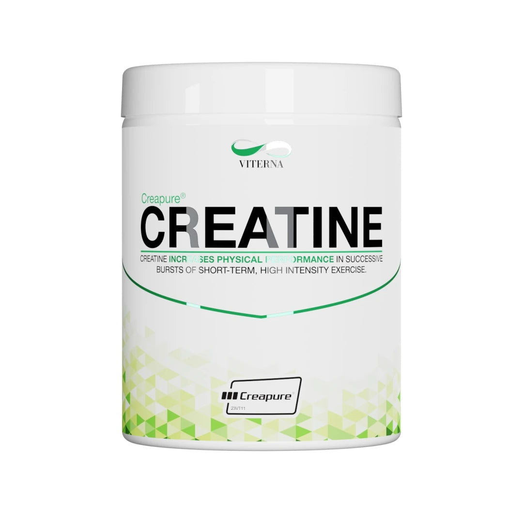 Viterna Creapure 300 g kreatinpulver i en vit burk med gröna geometriska detaljer.