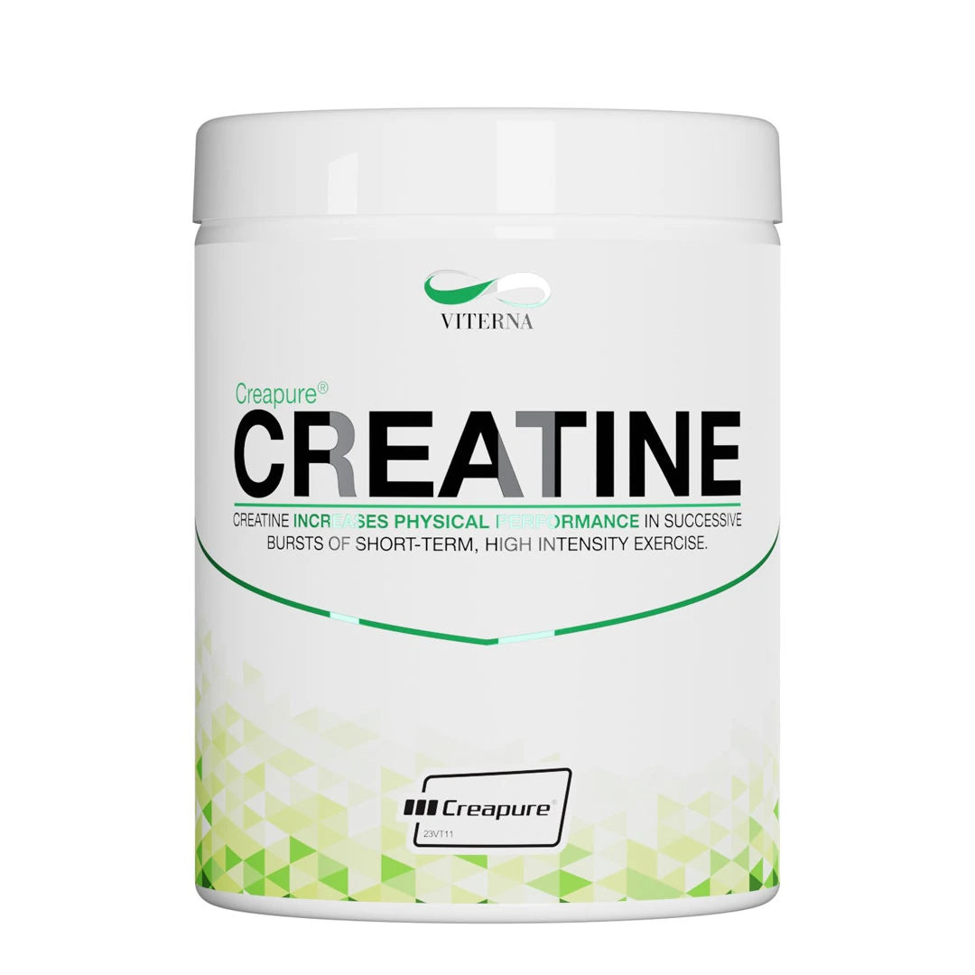 Viterna Creapure 500 g kreatinpulver i en vit burk med grönt geometriskt mönster.
