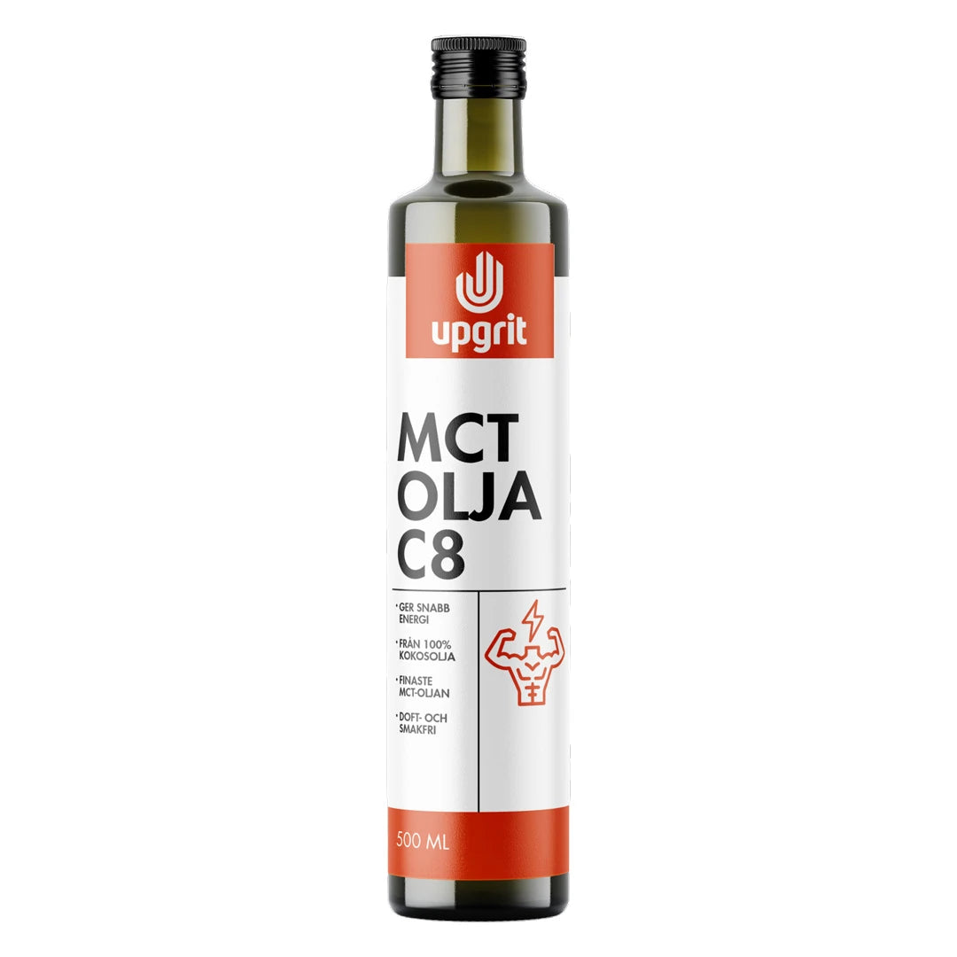 Upgrit C8 MCT-olja 500 ml i en mörk glasflaska med vit etikett och orange detaljer.
