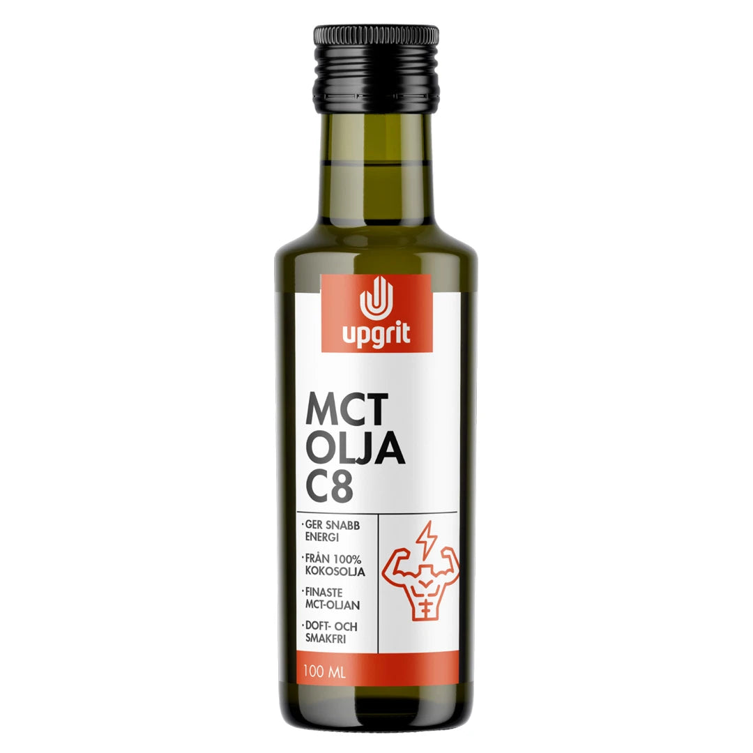 Upgrit C8 MCT-olja 100 ml förpackad i en mörkgrön glasflaska med vit och orange etikett.