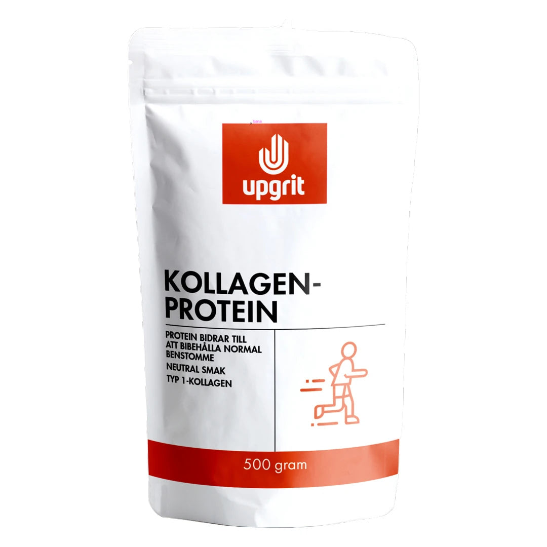 Upgrit Kollagenprotein 500 g i en vit påse med röda och svarta detaljer för neutral smak.