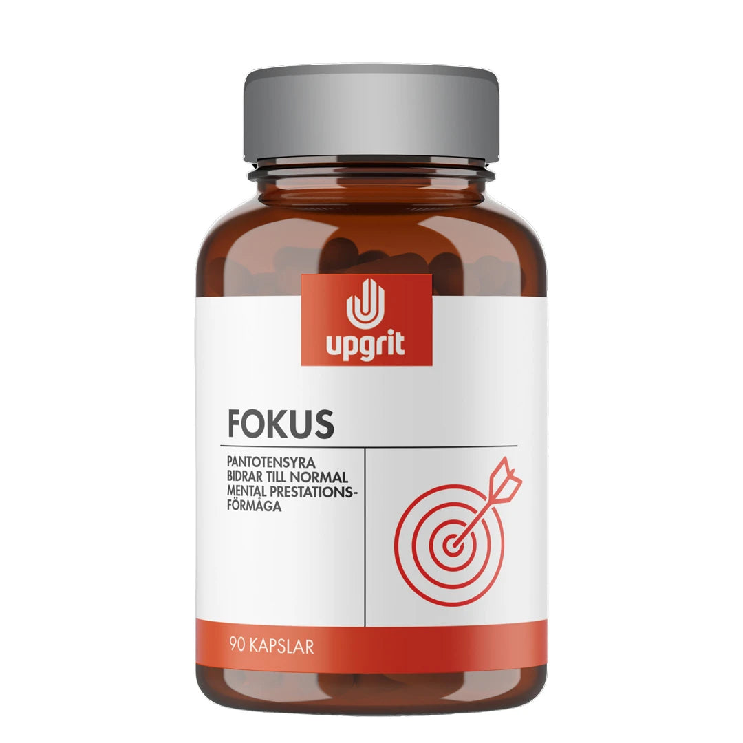 Upgrit Fokus 90 caps kosttillskott i en brun burk med grått lock, vit etikett och röd måltavla.