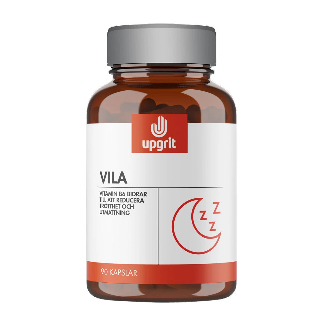 Upgrit Vila 90 caps kosttillskott för återhämtning i en brun burk med silverlock och en vit etikett med röda detaljer.