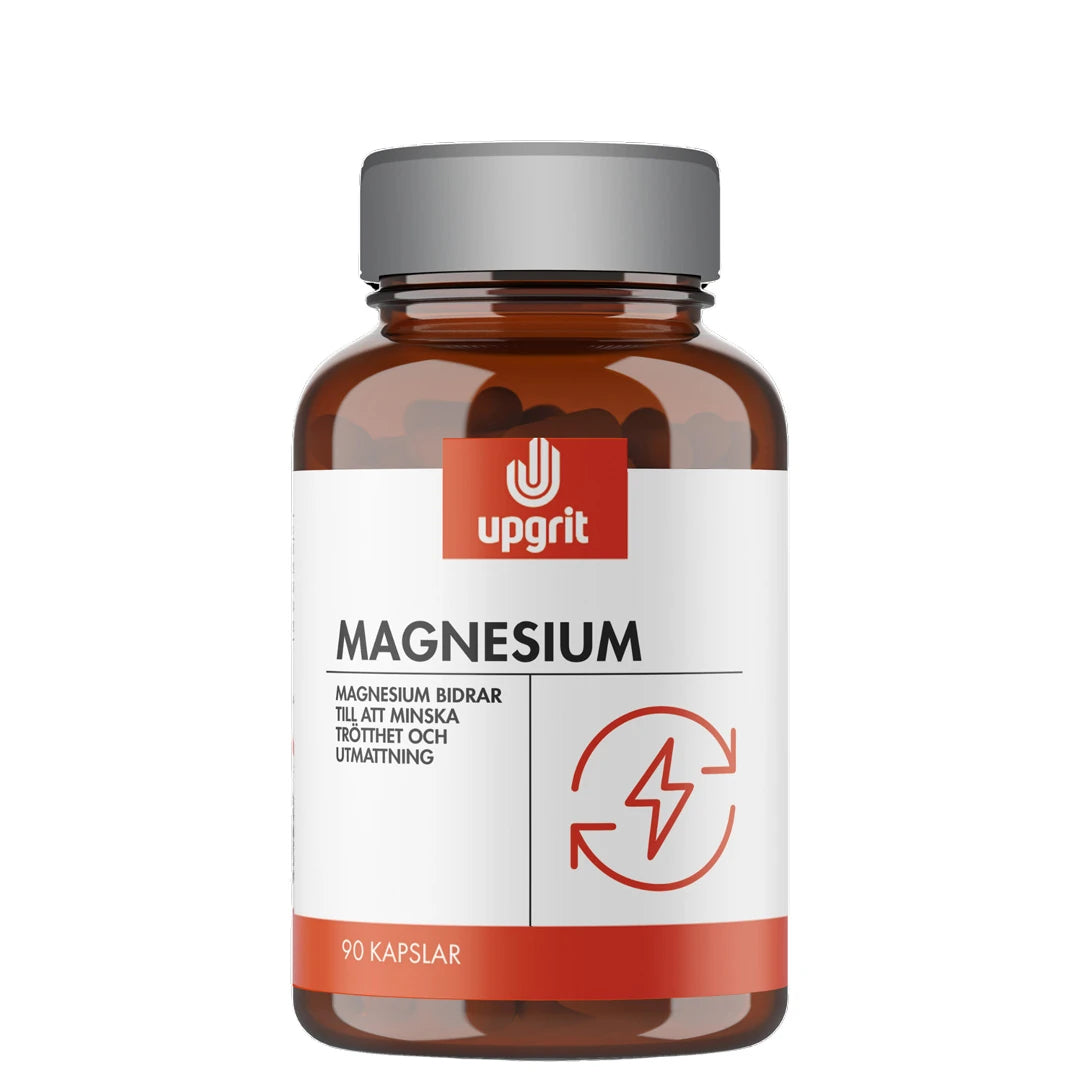 Upgrit Magnesium 90 caps kosttillskott i en brun burk med vit etikett och röda detaljer.