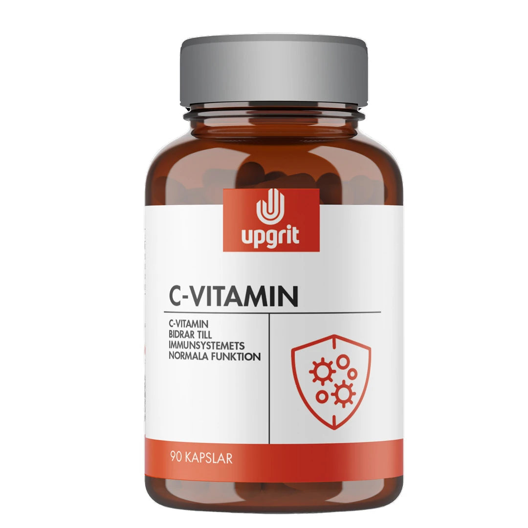 Upgrit C-vitamin 90 caps i en brun burk med vit etikett, silverlock och röd detalj med immunsystemssköld.