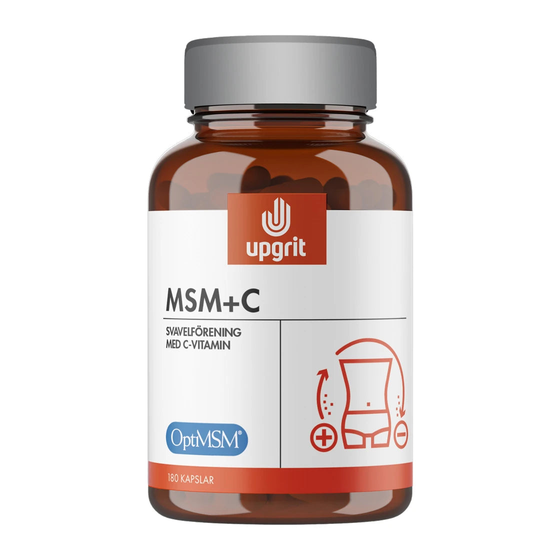 Upgrit MSM + C 180 caps förpackad i en brun plastburk med vit etikett och grått lock.