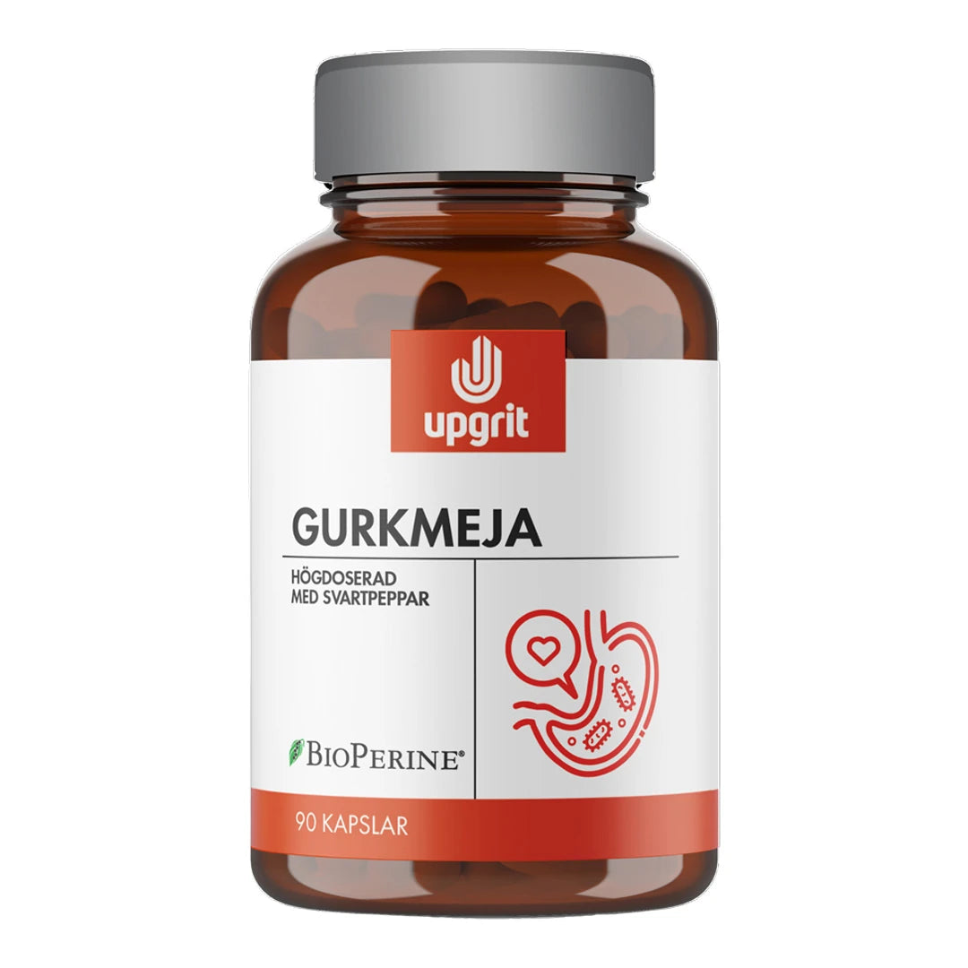 Upgrit Gurkmeja 90 caps kosttillskott i en brun burk med silverfärgat lock och vit etikett med orange detaljer.